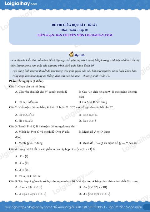 Đề thi giữa kì 1 Toán 10 Kết nối tri thức - Đề số 9